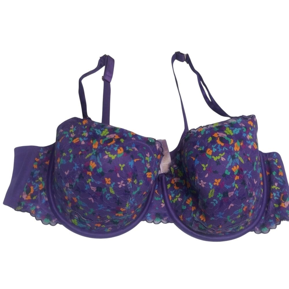 Savage X Fenty Steamy Floral Padded Lace Balconette Bra Purple Size 44D